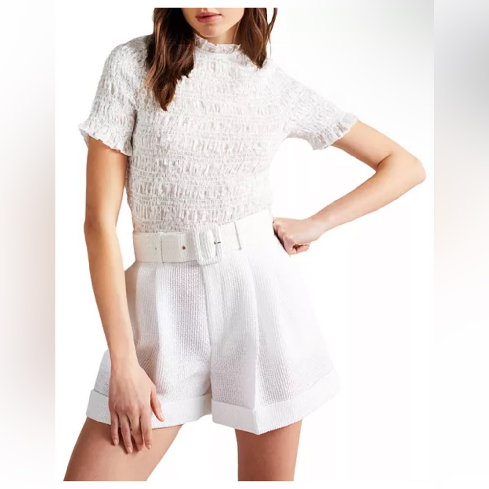 Ted Baker London Torra Shirred Ruffle Collar White Blouse Sz 4